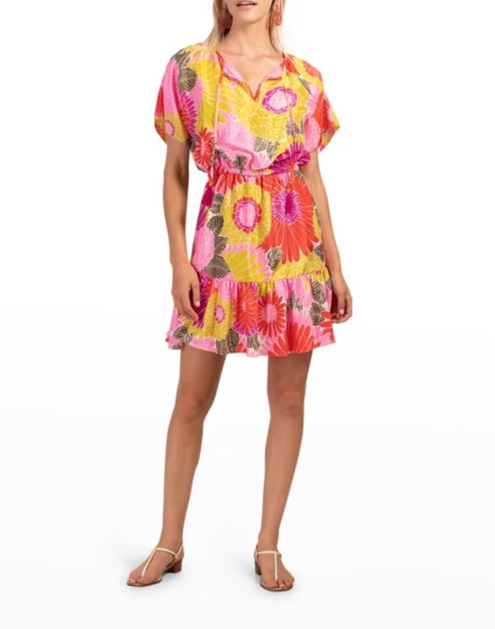 Trina Turk Mahalo Dress NWT Silk Floral Tassel-Tie Tiered Mini, Size M